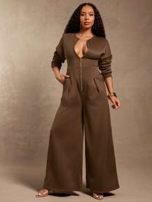 Vixey Heavy Weight Fleece Sweatshirt Long Sleeve Wide Leg Jumpsuit - Brown - View 4