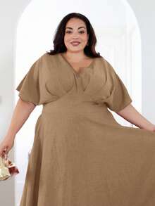 Plus Size V-Neck Solid Color Short Sleeve Casual Dress, Simple & Fashionable For Everyday Wear,Valentine - Khaki - View 5