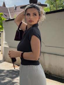 Jeta Ari Women's Solid Fitted Knit Polo Collar Blouse, Commute Casual Spring/Summer - Navy Blue - View 5
