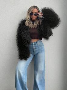 Jeta Ari Áo khoác lông giả ngắn thời trang gợi cảm dành cho nữ, Thu/Đông - màu đen - Xem 2