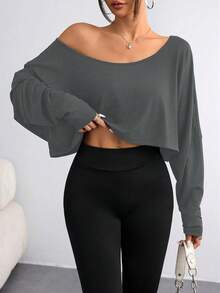 Elenzga 大码女式不对称领长袖短款休闲T恤，纯色，秋季款 - 深灰色 - 查看 4