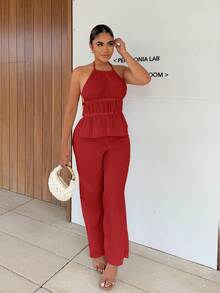 Maria Perezxox Setelan Wanita 2 Potong Gaya Prancis: Atasan Halter Longgar Warna Polos dengan Pinggang Terikat dan Celana Panjang Lebar yang Santai - Merah - View 5