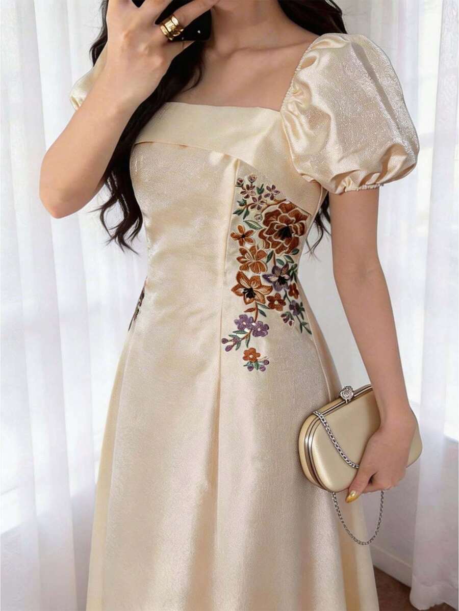 Feyla Đầm dài vừa phải thanh lịch cổ vuông thêu hoa tay bồng ngắn cho nữ - Màu be - Xem 1