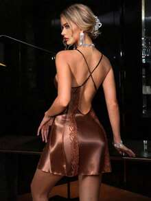 SilkySpell Áo ngủ hai dây hở lưng gợi cảm bằng lụa giả, cổ chữ V sâu, phối ren và vải voan mỏng, dành cho phụ nữ. - Cà phê nâu - Xem 2