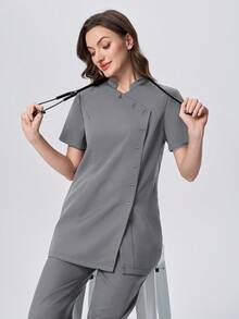 Scrubzie Set Seragam Scrub Wanita Atasan dan Celana Lengan Pendek Kerah Mandarin Anti Kerut dengan Banyak Kancing - Dark Grey - View 2