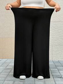 SHEIN CURVE+ Adjustable Wide Leg Pants For Plus Size Women, Solid Color Style Pants Palazzo Pants Women Plus Size - Black - View 9