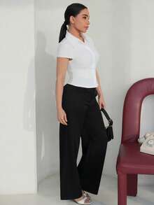 Milla Jasmine 女士优雅春夏通勤日常休闲纯白色短袖褶腰衬衫 - 白色 - 查看 5