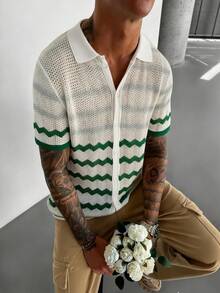 Manfinity Homme Camisa casual de punto con botones delanteros, de manga corta y con rayas para hombre - Blanco - Ver 1