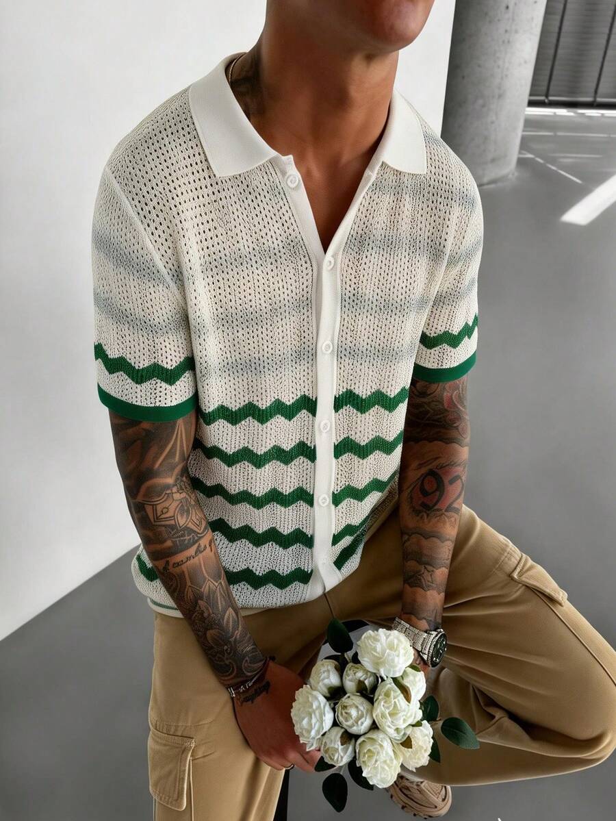 Manfinity Homme Camisa casual de punto con botones delanteros, de manga corta y con rayas para hombre - Blanco - Ver 1