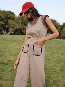 WanderVale Bộ áo liền quần không tay cổ tròn có túi, phối màu tương phản dành cho nữ - Màu Khaki - Xem 4