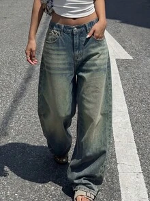 Y2K休闲复古酷炫街头风基础款舒适怀旧宽松蓝色牛仔裤，柔软日常穿着，街头校园风 - 藍色 - 查看 1