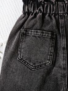 SHEIN Vintaside Kids 女童刺绣休闲牛仔裤，秋季优雅风尚 - 灰色 - 查看 5