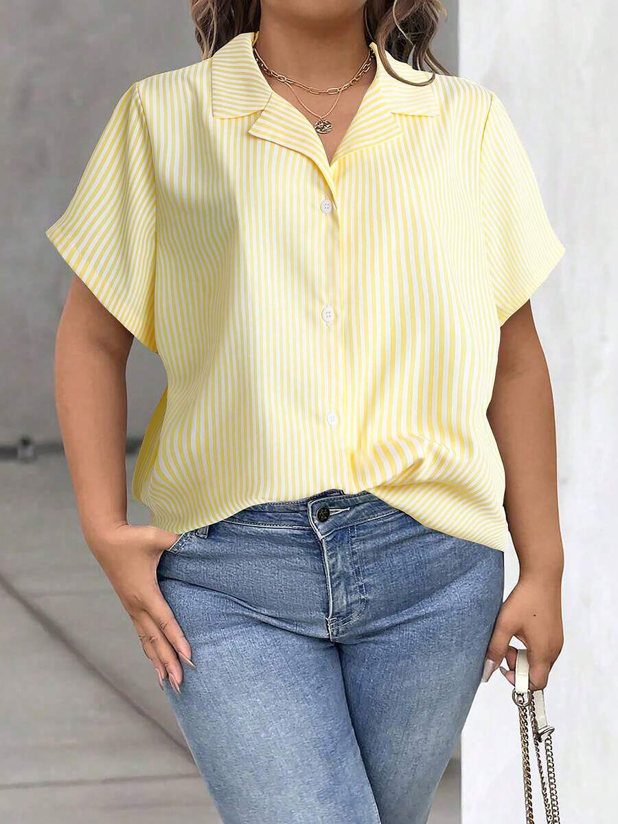 EMERY ROSE Women's Woven Plain Fabric Shirt Collar Straight Short Sleeve Shirt With Full Button Decoration, Casual Daily Wear - Yellow - View 1