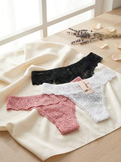 Tanga de Encaje Negra, rosa y BLANCO Tipo T-Back Ultra Suave y Elástica, Lencería Sexy Minimalista con Acabado Floral, Corte Sin Marcas para Uso Diario, Citas y Outfit Noche