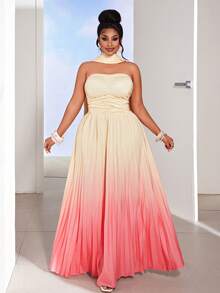 Maweii Ombre Yellow & Pink Gradient Halter Pleated Dress With Sash,Champagne Summer Elegant Formal Plus Size Women's Vacation Beach Party Dress - Multicolor - View 1