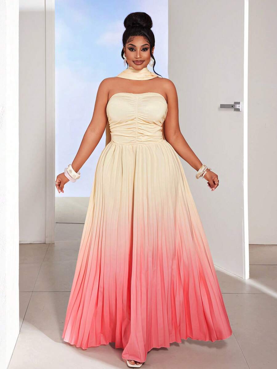 Maweii Ombre Yellow & Pink Gradient Halter Pleated Dress With Sash,Champagne Summer Elegant Formal Plus Size Women's Vacation Beach Party Dress - Multicolor - View 1