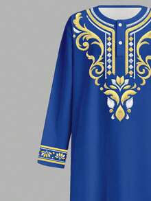 SHEIN Vintage Retro Print Loose Long Shirt, Arabic Style, Suitable For Spring And Summer, Young Boy - Multicolor - View 4