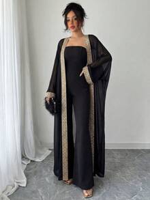 Rafferiza 女士无肩带高端连体裤，配超长金色蕾丝拼接雪纺披肩，两件套 - 黑色 - 查看 4