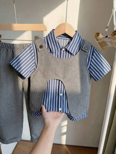 SHEIN 3pcs Young Boys' Asymmetrical Style Korean-Style Vest, Loose Wide Leg Trousers, Shirt & Woven Fabric Three Pieces Set With Lapel Collar, Button-Down Short Sleeve Shirt,Suitable For Commuting, School, Daily Leisure, Vacation, Travel, Suitable For Sports, Suitable For Kids' Outfits, Young Boy Clothes, School Boys Set, Boys Outfits, Family Matching Outfits, Birthday Party, Suitable For Daily, Suitable For School, Suitable For Sports, Spring And Summer Season Outfits Y2k Vacation Tendencias Ss26 Streetwear  Burgundy Holiday Vintage Boho Festival Gras Party Cute Birthday Boys Modest Casual Cozy