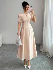 Modelyn Women's Elegant Puff Sleeve Cinched Waist Shiny Dress - Pink - View 5