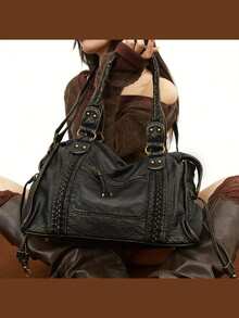 Whyspr 2025时尚女包，Y2K复古机车包，软皮大容量手提包，荒原风格手提包，女士单肩/斜挎包，超柔软面料 - 黑色 - 查看 6