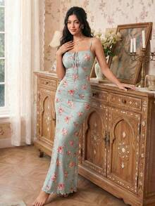 Modelyn Women's Floral Print Spaghetti Strap Ruched Fishtail Midi Nightdress, Spring/Summer - Multicolor - View 1