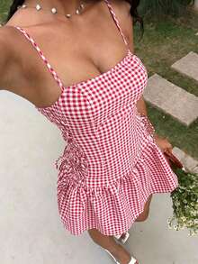 Ritzy Row 女士休闲格子吊带迷你连衣裙，夏季 - 粉色 - 查看 3