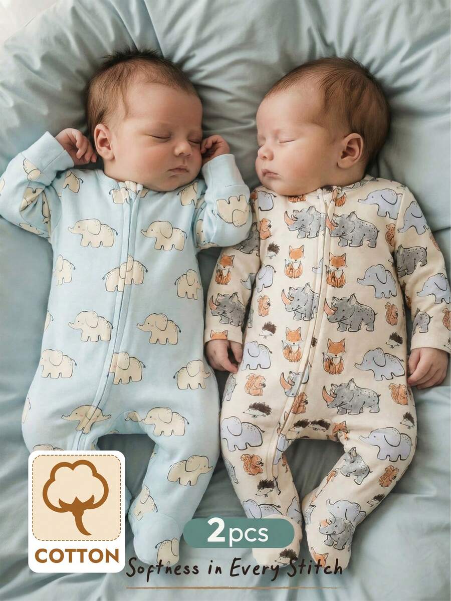 Cozy Pixies Conjunto de 2 piezas de pijama de algodón con estampado de animales para bebé recién nacido niña, mameluco de punto suave con cuello redondo y manga larga, pijama con cremallera de 2 vías y pies para dormir - Multicolor - Ver 1