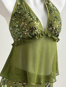 Elamini Women's Sequin Embroidered Camisole Top + Bodycon Mini Skirt Sexy Versatile 2-Piece Set, Spring/Summer - Green - View 4