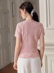 Anewsta Elegant Textured Pink Crew Neck Ruched Design Fitted Short Sleeve T-Shirt For Women - Pink - View 7