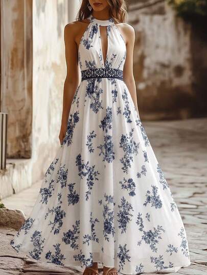 Balvessa White Floral Print V-Neck Sleeveless Elastic Waist Flowy Dress For Women