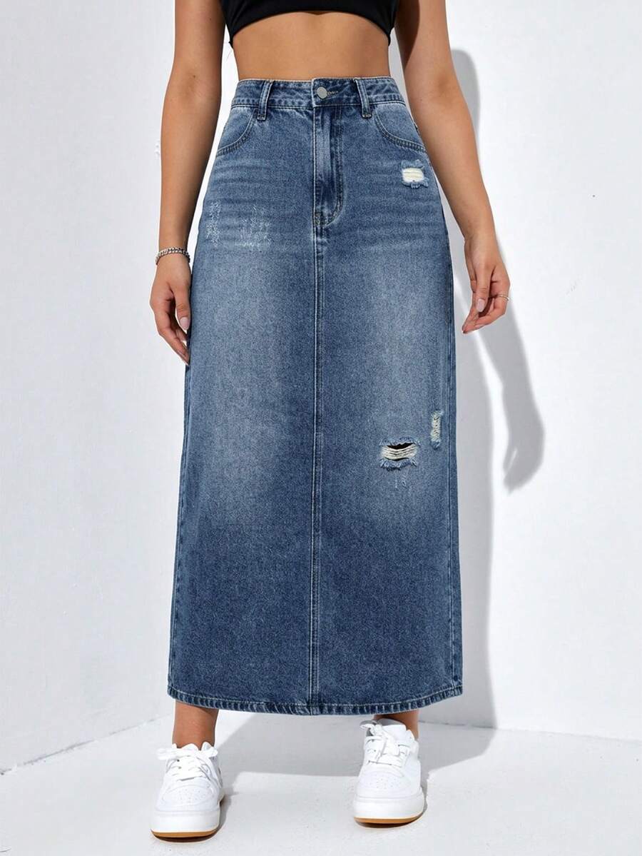 SHEIN EZwear Women's Fashion Distressed Long Denim Skirt - Dark Wash - View 1