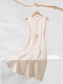 SHEIN Franclia Đầm nữ cổ chữ V không tay, thắt eo, kiểu dáng thường ngày, thoải mái và tôn dáng, họa tiết sọc màu mơ, thích hợp mặc đi làm vào mùa hè. Đầm hè không tay dành cho nữ. - Màu be - Xem 7