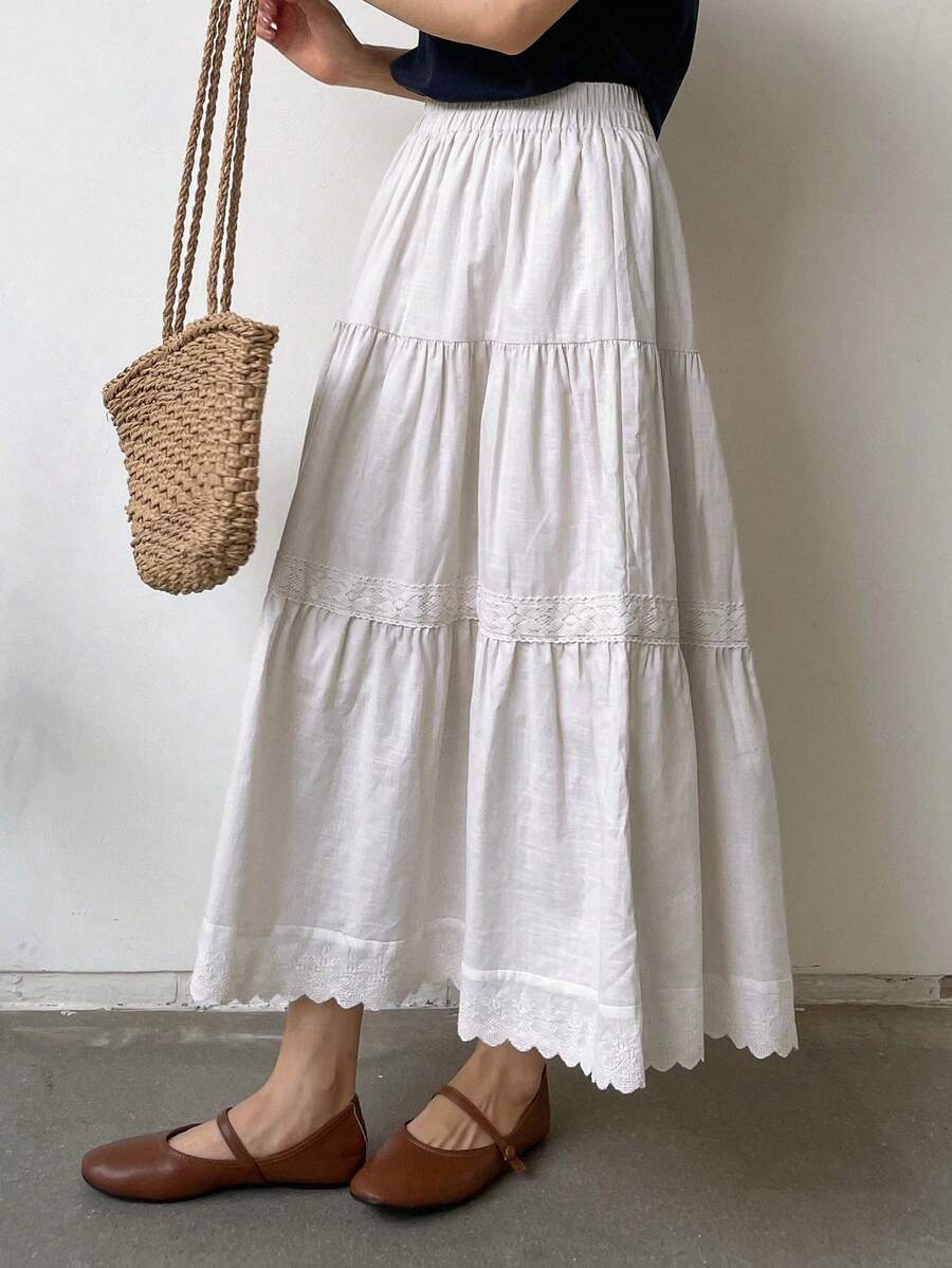 FRIFUL 女款休閒蕾絲拼接長裙 度假風 - 白色 - 查看 1