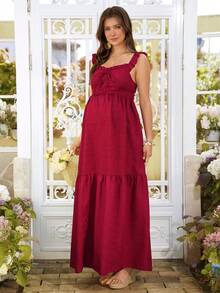 Momance 红色系带腰身宽松下摆连衣裙，简约优雅休闲假日风孕妇装 - 酒紅色 - 查看 6