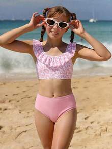 SHEIN 少女豹纹荷叶边比基尼套装 - 粉色和白色，无袖露脐上衣带胸衬，三角泳裤，可爱Y2K风格，适合游泳、冲浪、度假、海滩、春假 - 粉色 - 查看 5