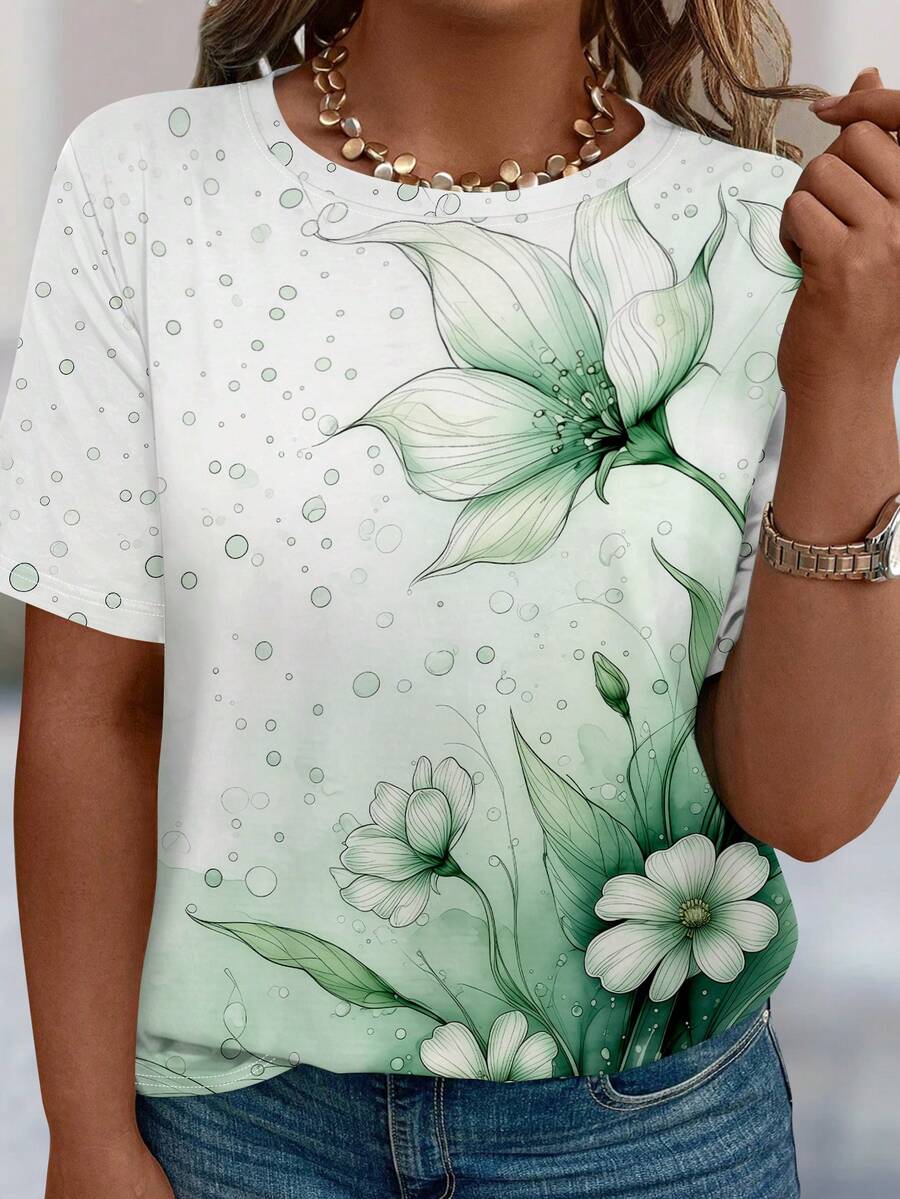 EMERY ROSE 大码水彩花卉印花短袖圆领T恤，女士休闲上衣 - 彩色 - 查看 1