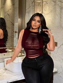 NU&NOW Plus Size Women Casual Hollow Out Ripped Design Sleeveless Top, Versatile For Everyday Wear - Burgundy - View 5