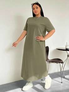 SHEIN EZwear 橄榄绿休闲短袖加大码T恤裙 - 橄欖綠 - 查看 8