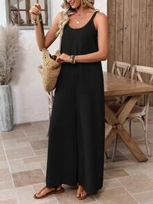 EMERY ROSE Bộ áo liền quần ống rộng màu trơn dáng thường ngày dành cho nữ - màu đen - Xem 7