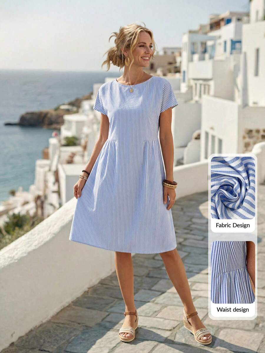 EMERY ROSE Váy hè cổ tròn sọc thường ngày cho nữ Váy hè cho nữ Váy đi nghỉ, Quần áo Boho cho nữ Váy bán chạy nhất Váy thường ngày cho nữ - Màu xanh lam - Xem 1