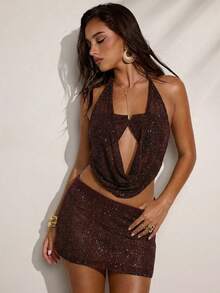SHEIN BAE Women's Casual Low Waist Mini Knit Skirt,Polka Dot Brown Shimmering Top,Summer Chic Night Out Beach Vacation Party Music Festival Brunch Outfit Set - Chocolate Brown - View 4