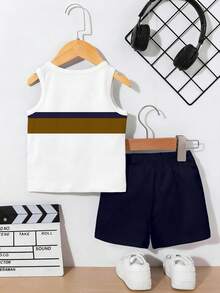 SHEIN Playful Pals 2pcs/Set Baby Boy Casual Outfit, Striped & Letter Print Vest Top Paired With Navy Shorts, Suitable For Summer Outings - Multicolor - View 2
