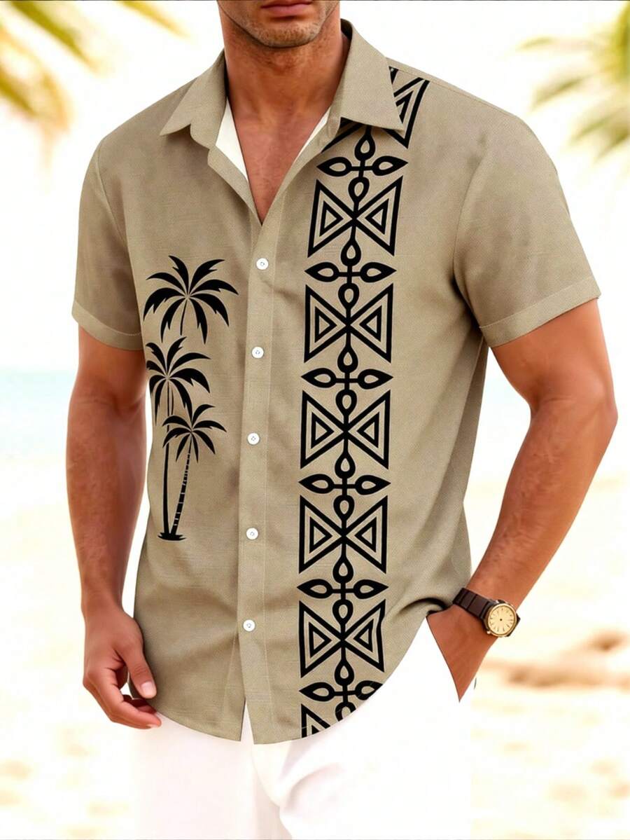 Manfinity RSRT 男士休闲椰树印花单排扣短袖衬衫，度假百搭