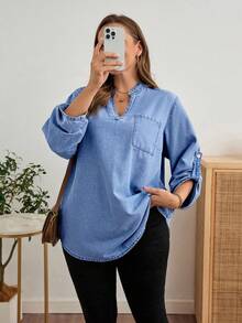 EMERY ROSE EMERY ROSE Plusstorlek Enfärgad Casual Långärmad Jeansskjorta - Mediumtvätt - Visa 5