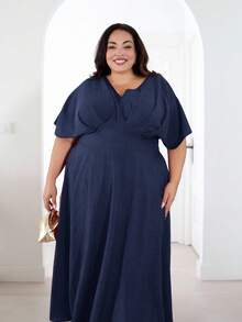 Pretty and Ole Plus Size Summer Simple Elegant Cinched Waist Batwing Sleeve Dress - Navy Blue - View 6
