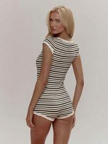 MUSERA 针织荷叶边钥匙孔前条纹针织修身迷你短款连体裤可爱少女性感春冬日常外出糖果色 - 彩色 - 查看 2