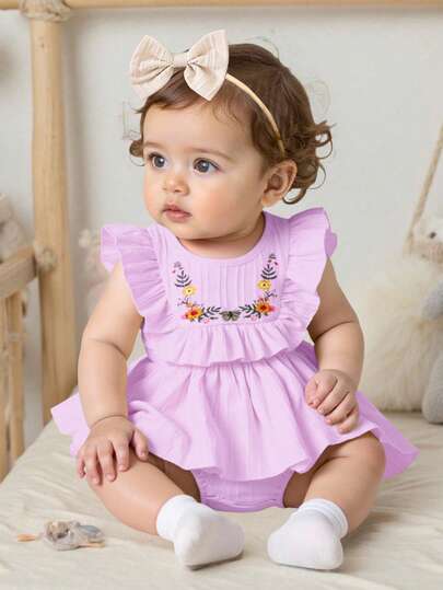 SHEIN Playful Pals Baby Girl Elegant Ruffle Hem Dress, Suitable For Party And Daily Wear, Summer