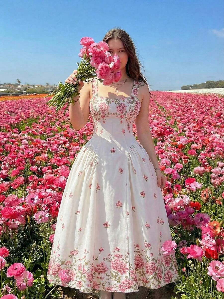 SHEIN MOD 大码春夏复古宫廷风印花长裙，浪漫度假连衣裙，系带连衣裙。