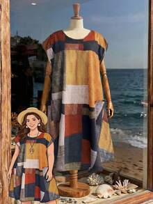 Rusticease Plus Size Yellow Autumn Boho Vacation Holiday Colorblock Print Casual Spring Dress For Women,Country Style Beach Outfits Seaside Retro Clothing - Multicolor - View 8